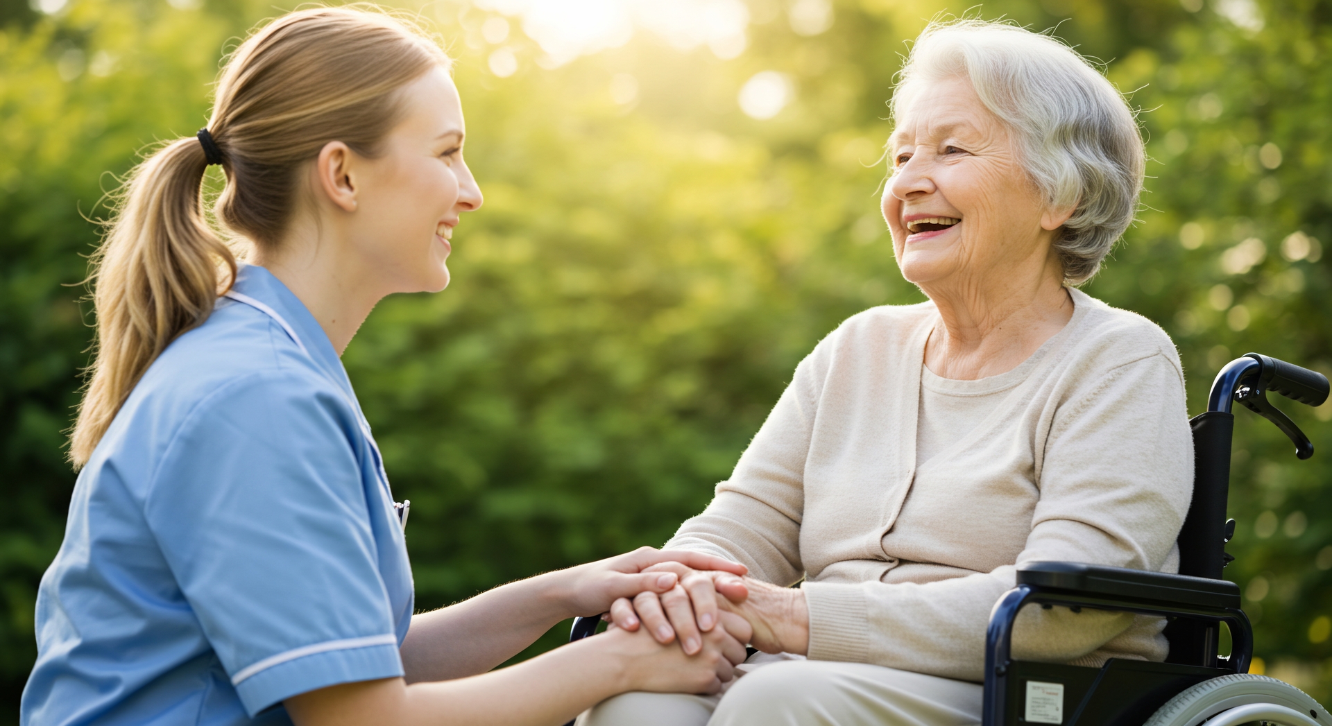 Smiling senior woman in wheelchair holding hands with a caring n